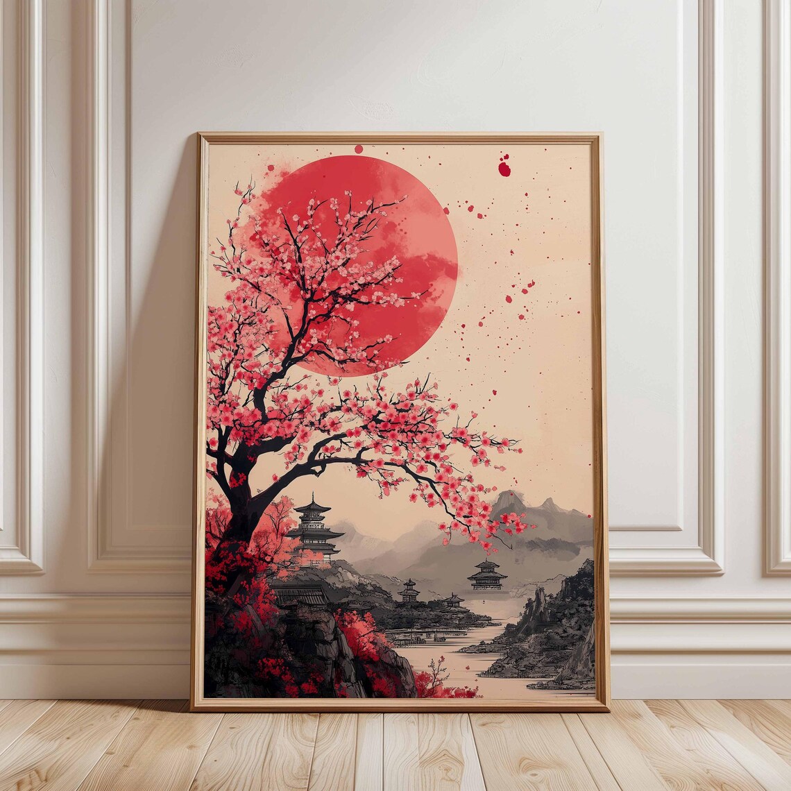 Red Sun Japanese Landscape, Cherry Blossom Tree
