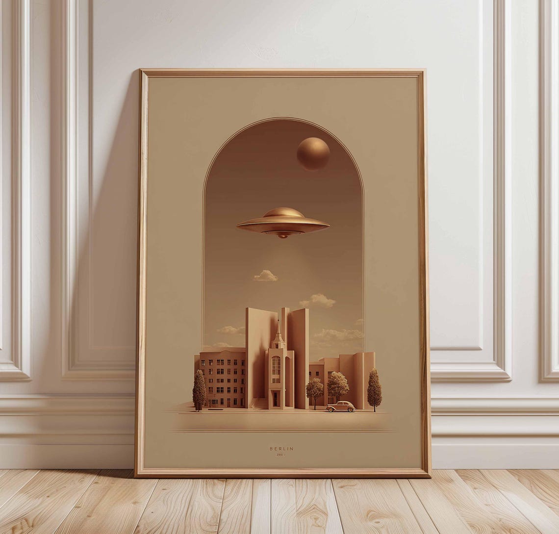 Retro Berlin 2050 Surreal UFO Over City Sepia Minimal Wall Art