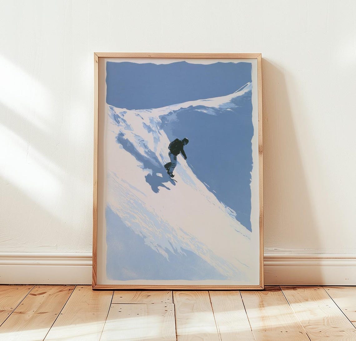 Snowboarder Riding Steep Powder Slope Blue Minimal Sports Poster