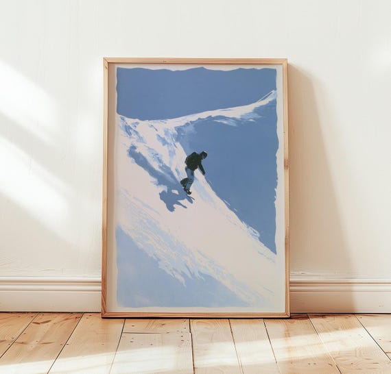 Snowboarder Riding Steep Powder Slope Blue Minimal Sports Poster