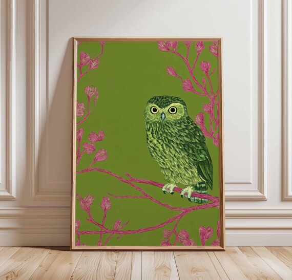 Green Owl Poster Bold Bird Wall Art Bright Forest Animal Print Pink Botanical Artwork Colourful Nature Illustration Whimsical Decor