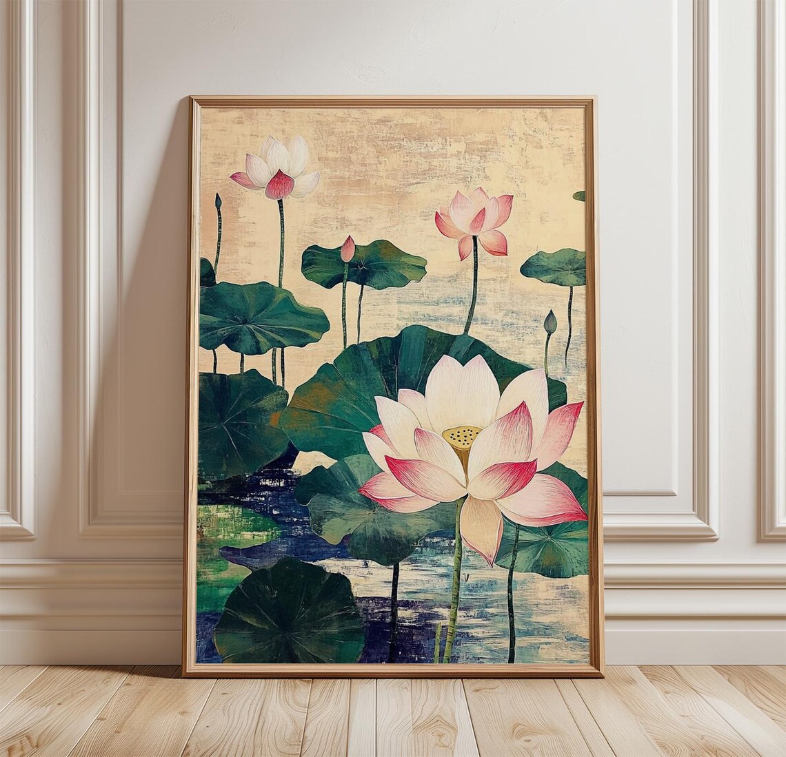 Japanese Lotus Pond Floral Landscape Tranquil Pink Blossom Nature Poster