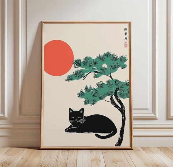 Japanese Cat Poster Minimalist Black Wall Art Zen Asian Print Japandi Folk Illustration Decor