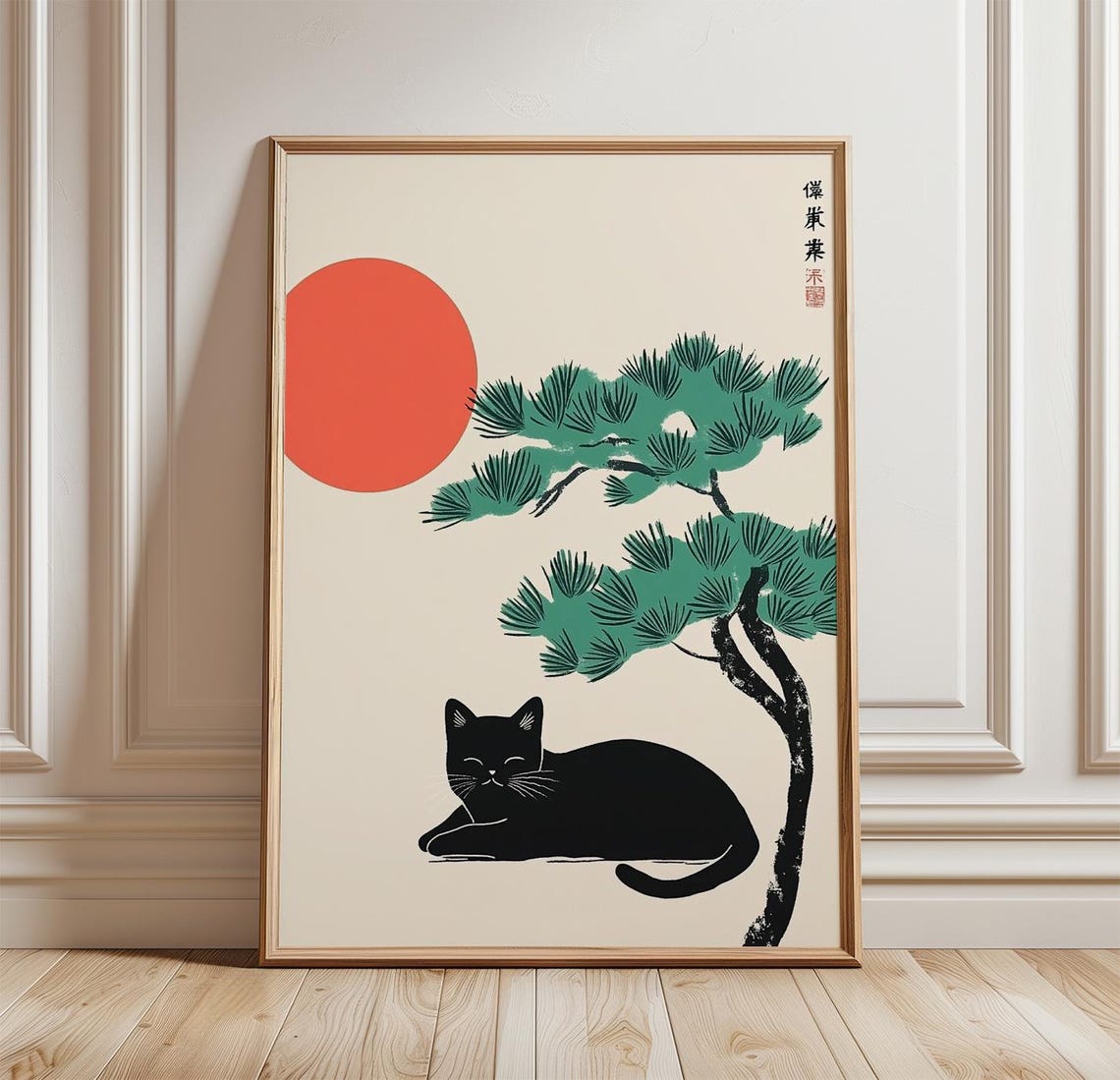 Japanese Cat Poster Minimalist Black Wall Art Zen Asian Print Japandi Folk Illustration Decor