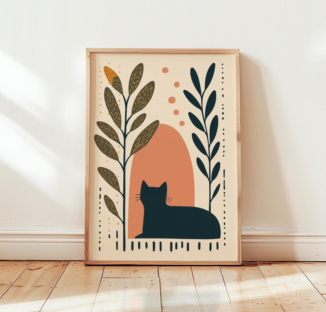 Minimalist Black Cat Poster Abstract Botanical Wall Art