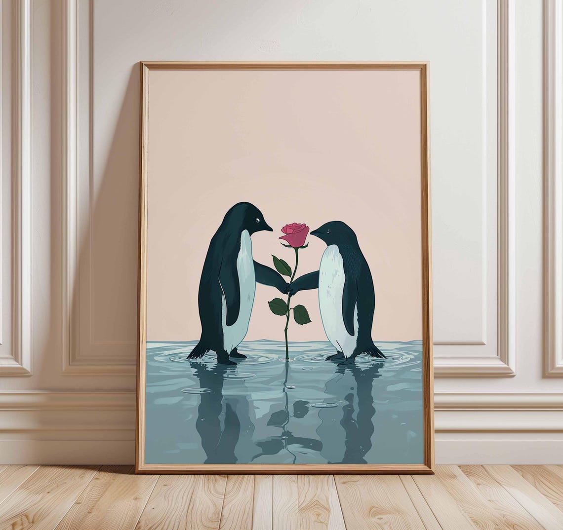 Romantic Penguins Sharing A Single Rose Cute Animal Love Wall Art