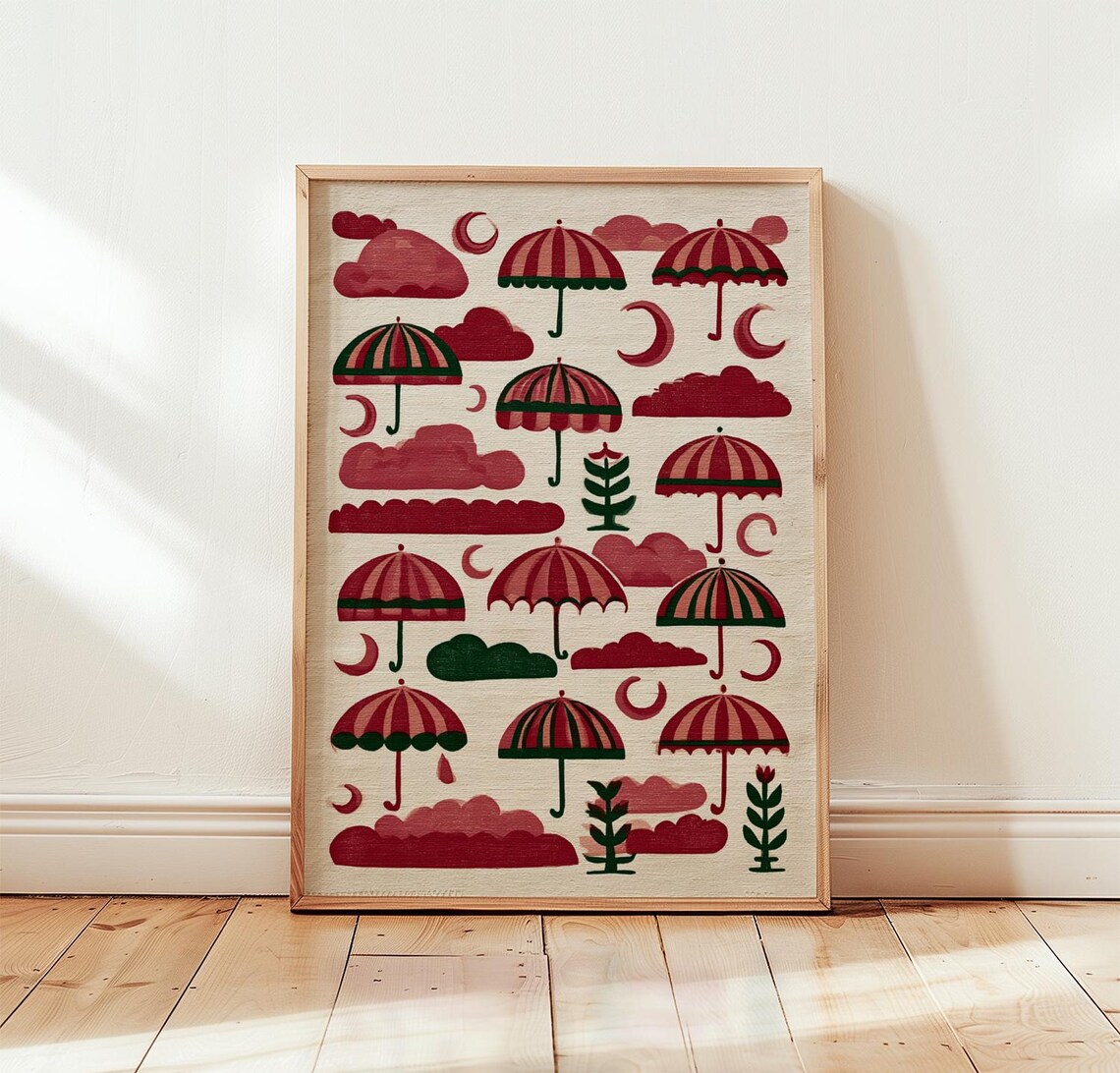 Pink Umbrella Whimsical Folk Art Poster
