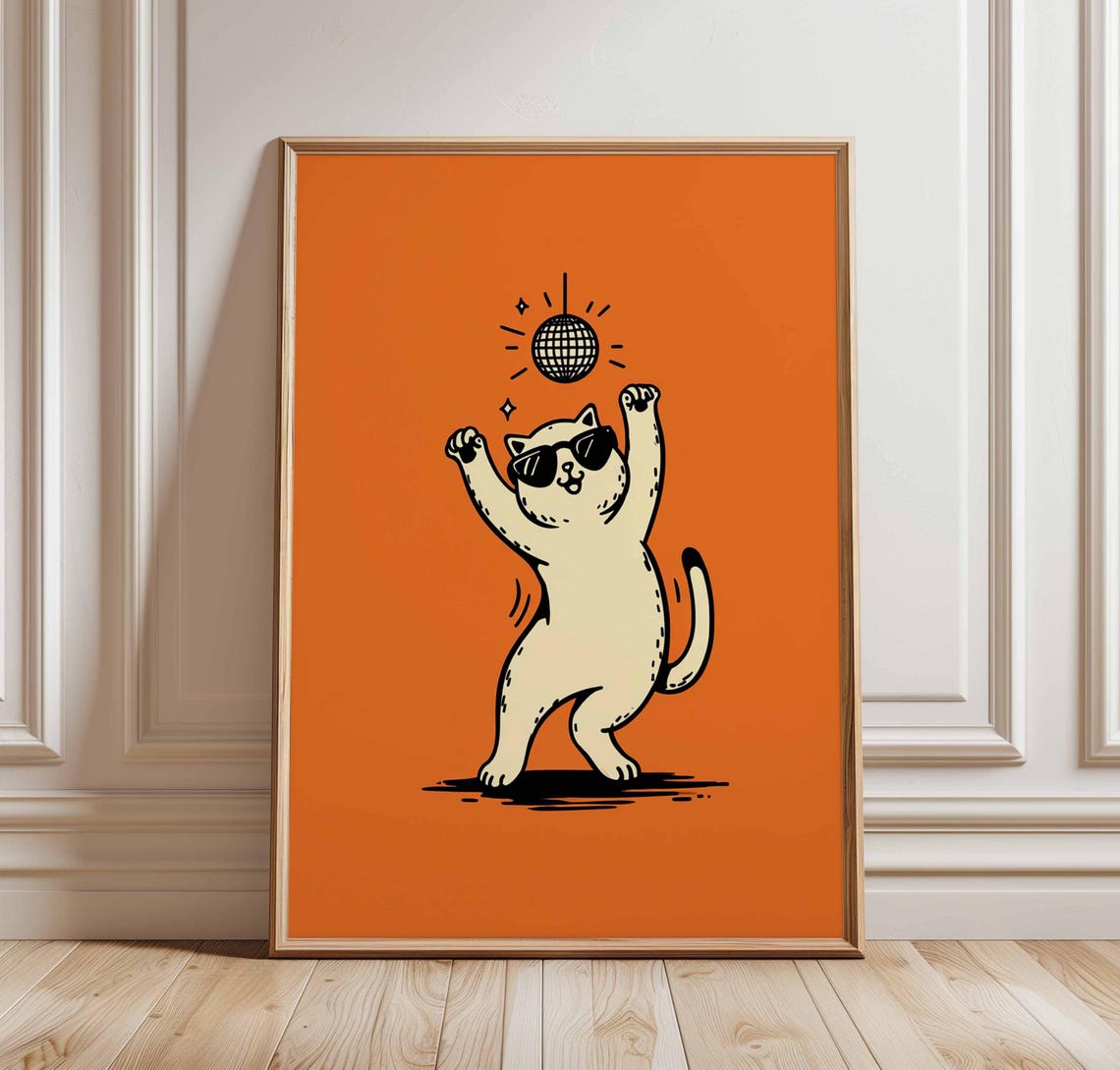 Dancing Disco Cat with Sunglasses Paws Up Retro Orange Art Poster