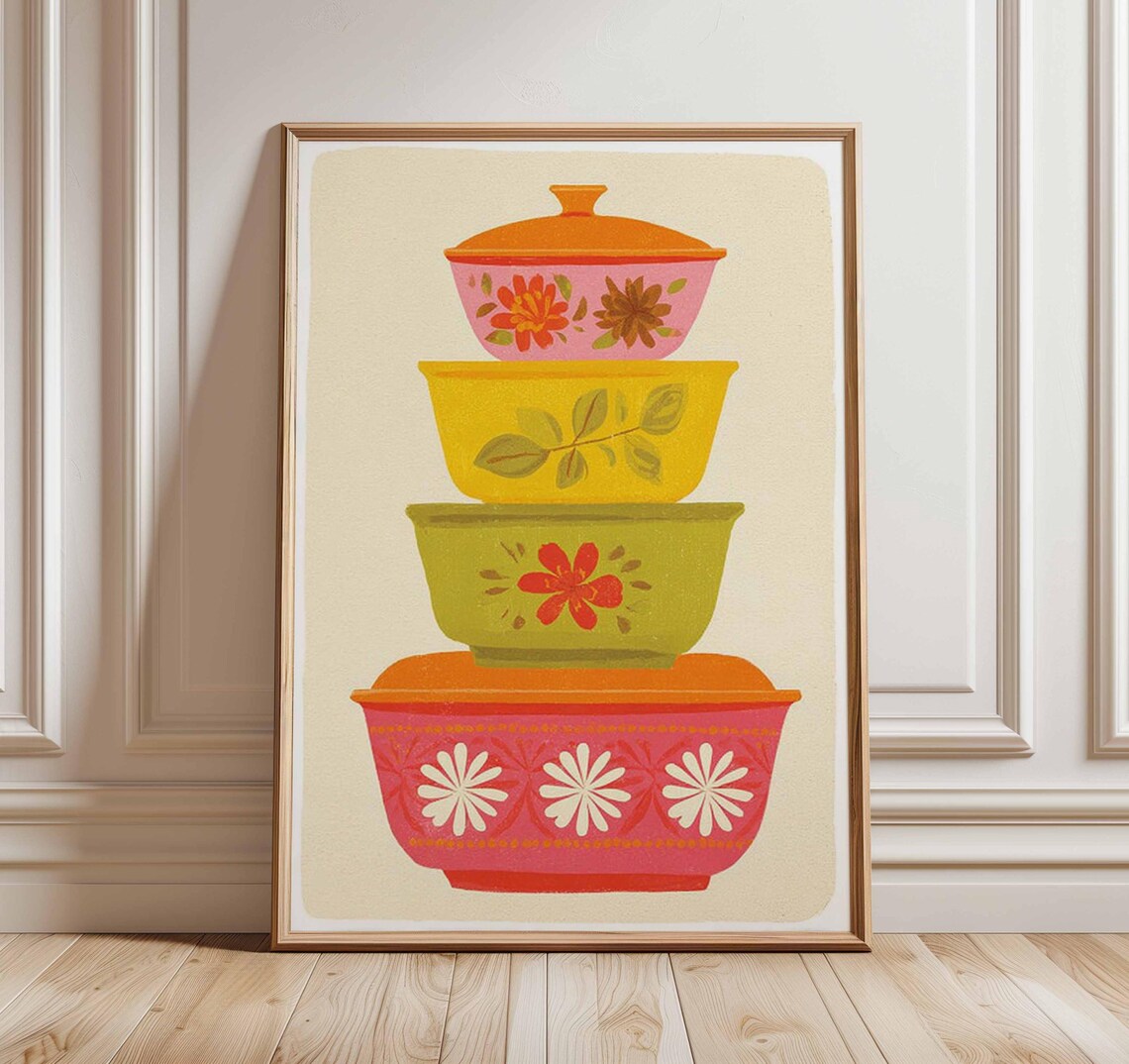 Retro Pyrex Poster, Mid Century Kitchen Art