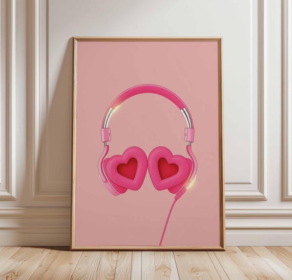Heart Headphones Poster Cute Pink Music Wall Art Fun Girl Room Decor Y2k Print Playful Audio Illustration