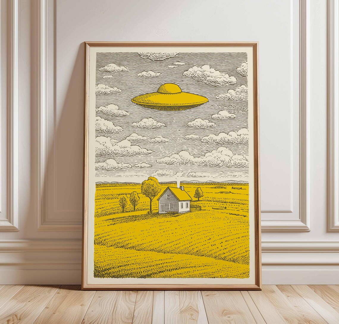 Yellow UFO Over Farmhouse Woodcut Retro Sci Fi Landscape Poster