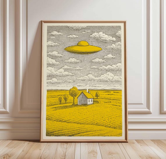 Vintage Ufo Farm Poster Surreal Yellow Landscape Print Retro Scifi Art Wall Decor Woodcut Style Illustration