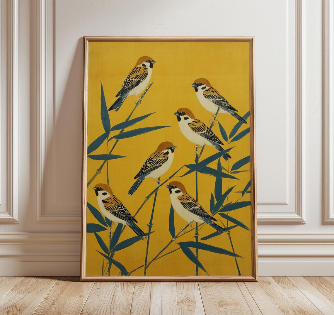 Six Sparrows On Bamboo Japanese Style Gold Bird Decor Poster
