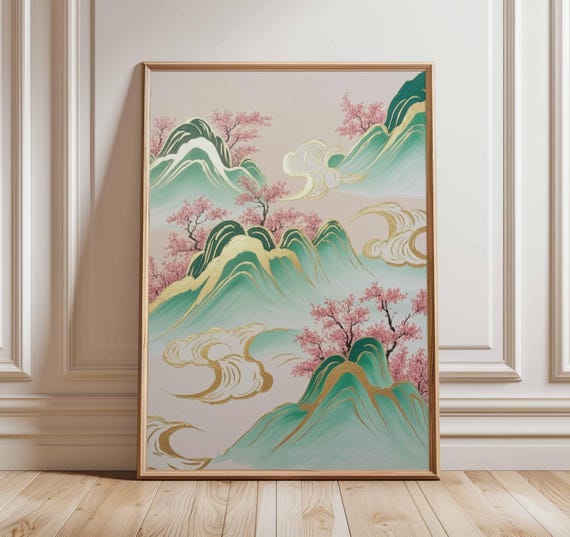 Cherry Blossom Mountain Landscape Art Poster Chinoiserie Zen Pastel Pink Green Gold Wall Decor Unique Gift