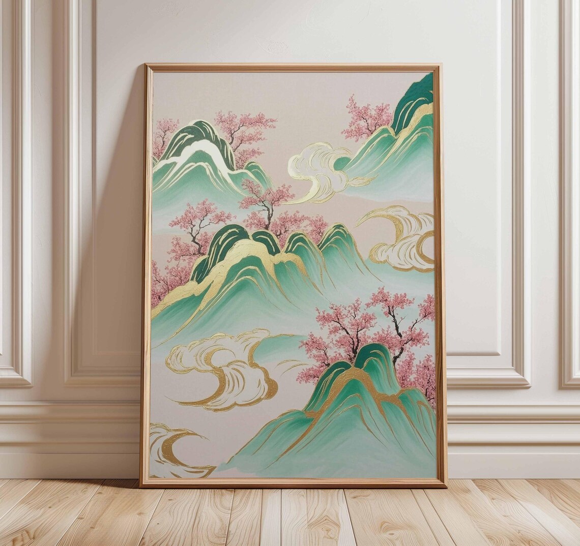 Chinoiserie Jade Green Mountains with Cherry Blossoms and Gold Art Poster