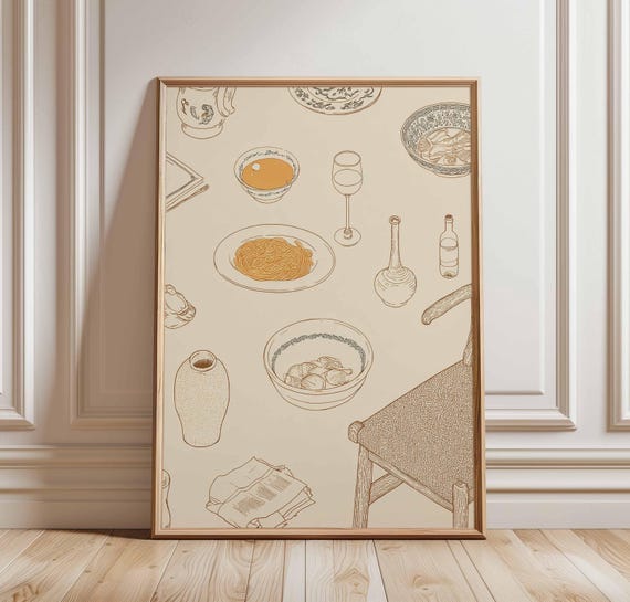 Minimalist Dinner Table Poster Print Modern Line Art Kitchen Wall Decor Neutral Food And Wine Illustration Rustic Dining Room Artwork