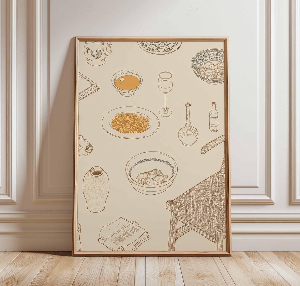 Minimalist Dinner Table Line Drawing Pasta and Wine Kitchen Wall Art