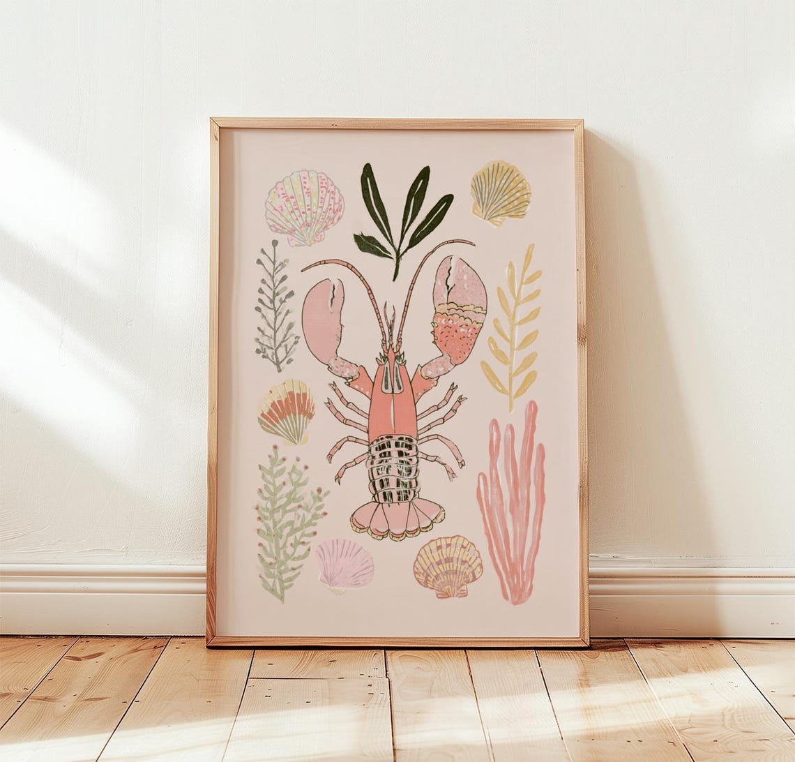 Pink Lobster Print Coastal Shell Wall Art Screen Poster