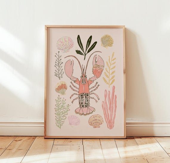 Pink Lobster Print Coastal Shell Wall Art Screen Poster