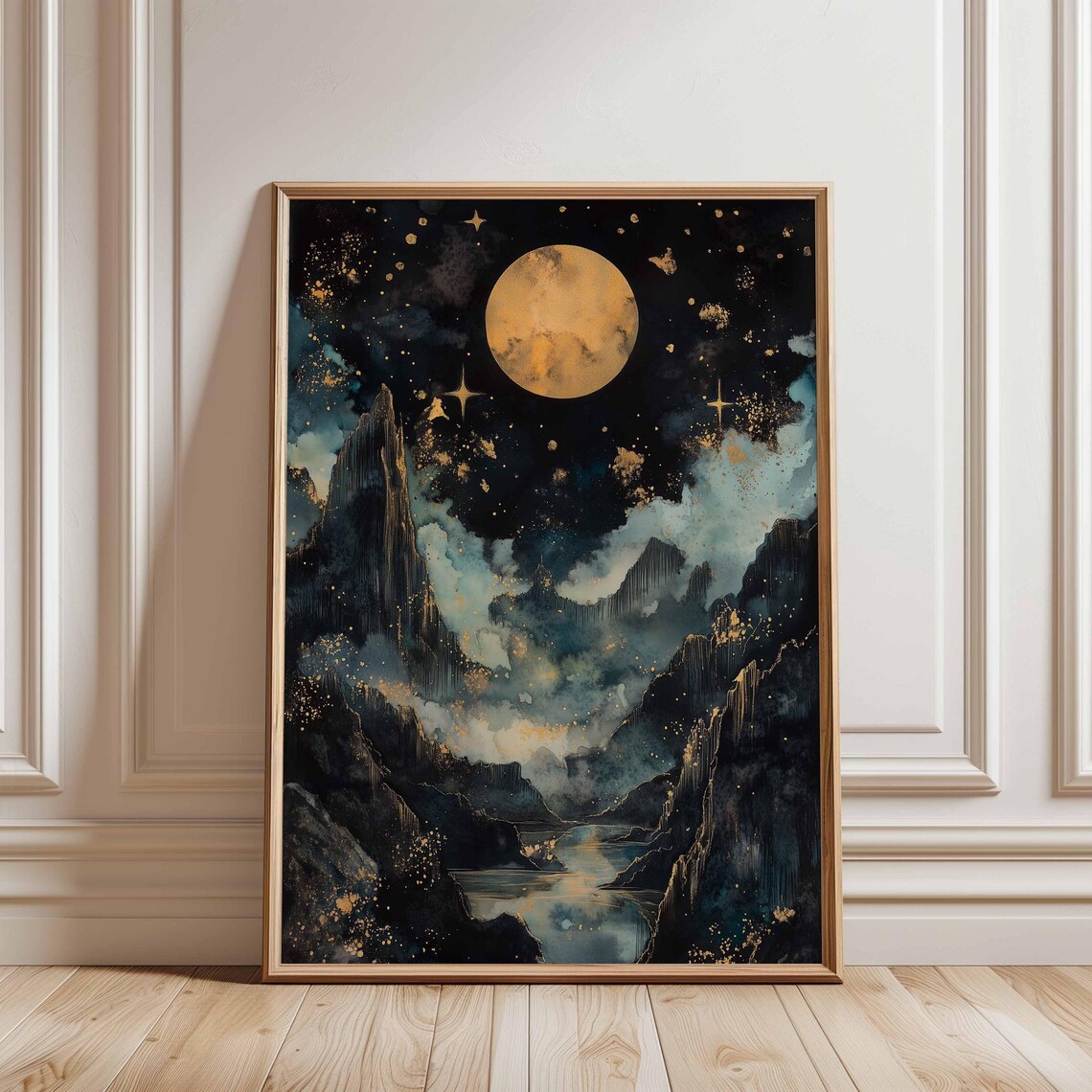 Golden Moon Nightscape Poster, Mystical Mountain Art Print