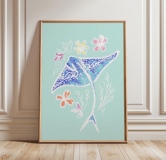 Blue Batik Manta Ray Ocean Animal Minimal Tropical Art Poster