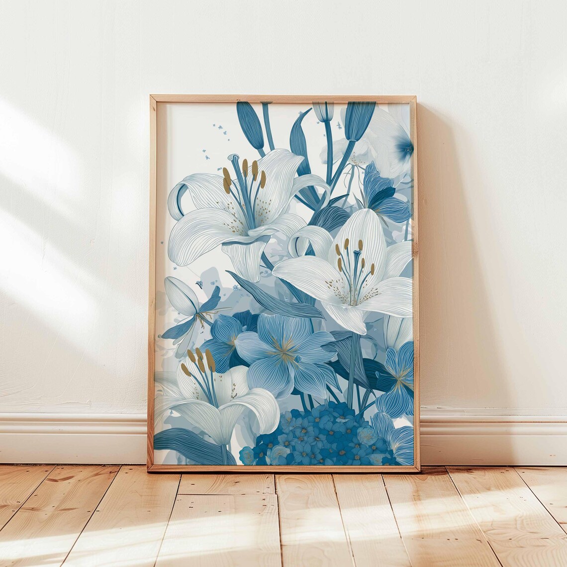 Blue and White Lily Line Art Elegant Botanical Floral Art Poster