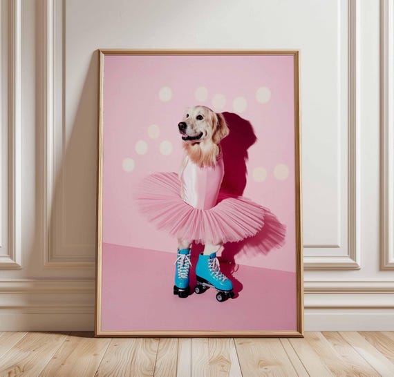 Roller Skating Dog Poster Ballerina Wall Art Funny Golden Retriever Print Pink Tutu Pet Decor Whimsical Illustration