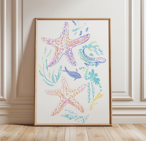 Colorful Starfish Poster Hand Drawn Sea Life Coastal Beach Wall Decor