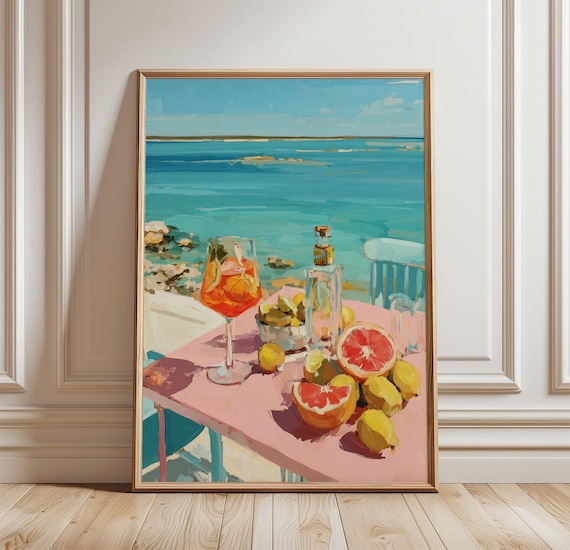 Coastal Citrus Still Life Spritz Lemons Grapefruit Pink Table Sea Poster