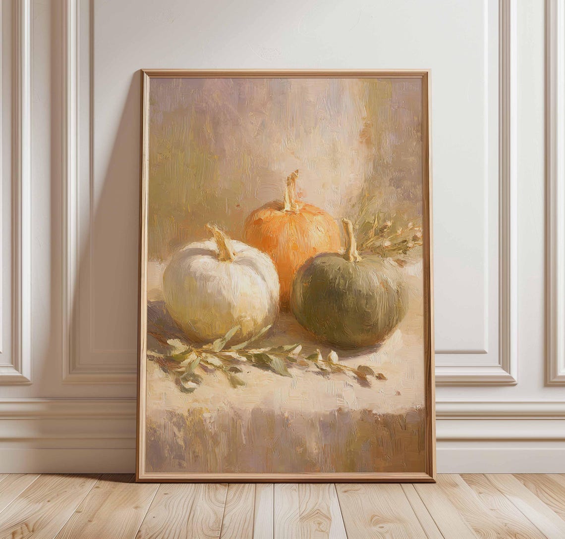 Pumpkin Wall Art Fall Harvest Poster Rustic Autumn Decor Still Life Print Warm Neutral Kitchen Cozy Seasonal Home Style