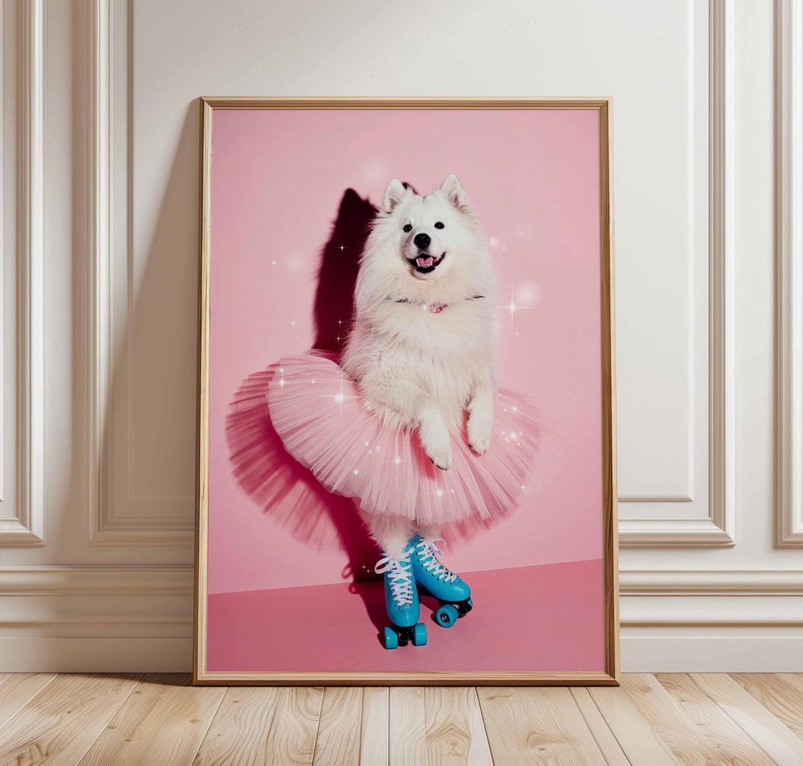 Samoyed Dog In Pink Tutu With Blue Roller Skates Funny Animal Poster