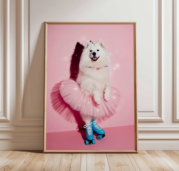 Samoyed Dog In Pink Tutu With Blue Roller Skates Funny Animal Poster