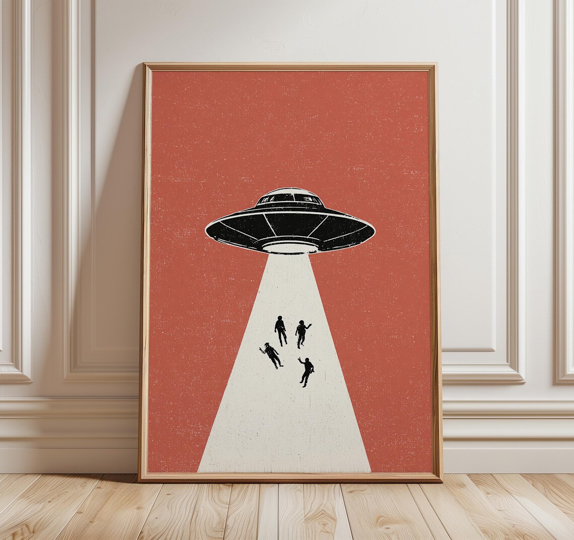 Retro UFO Abduction Art Print, Minimalist Vintage
