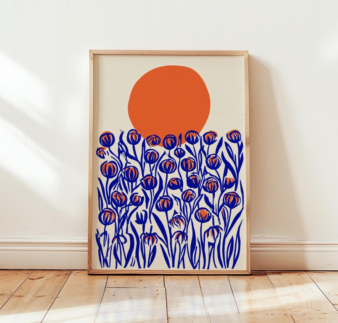 Orange Moon, Blue Wildflower Linocut Poster