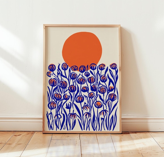 Orange Moon, Blue Wildflower Linocut Poster