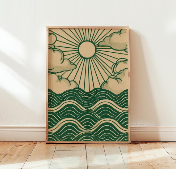 Green Ocean Sunrise Over Waves Minimalist Retro Coastal Wall Art