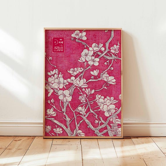 Cherry Blossom Japanese Textile Poster, Botanical Decor