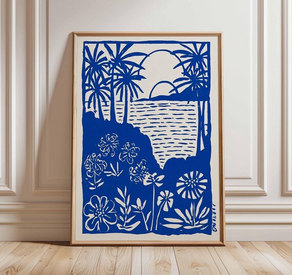 Tropical Sunrise Palm Trees Blue Linocut Poster With White Flowers