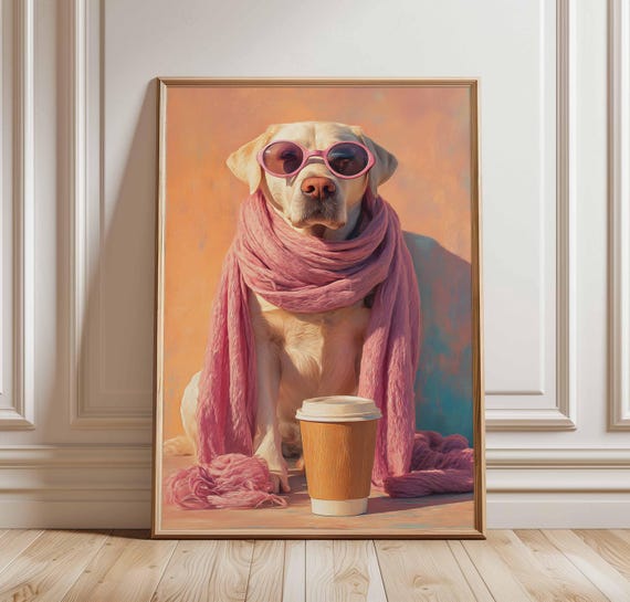 Cool Dog With Coffee Poster Print Funny Labrador Wall Art Hipster Pup In Pink Scarf Decor Cute Lover Artwork Modern Pet