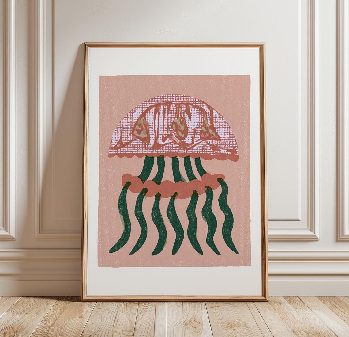 Pink Jellyfish Coastal Folk Art Poster