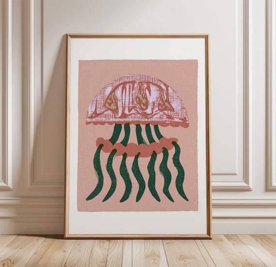 Pink Jellyfish Coastal Folk Art Poster