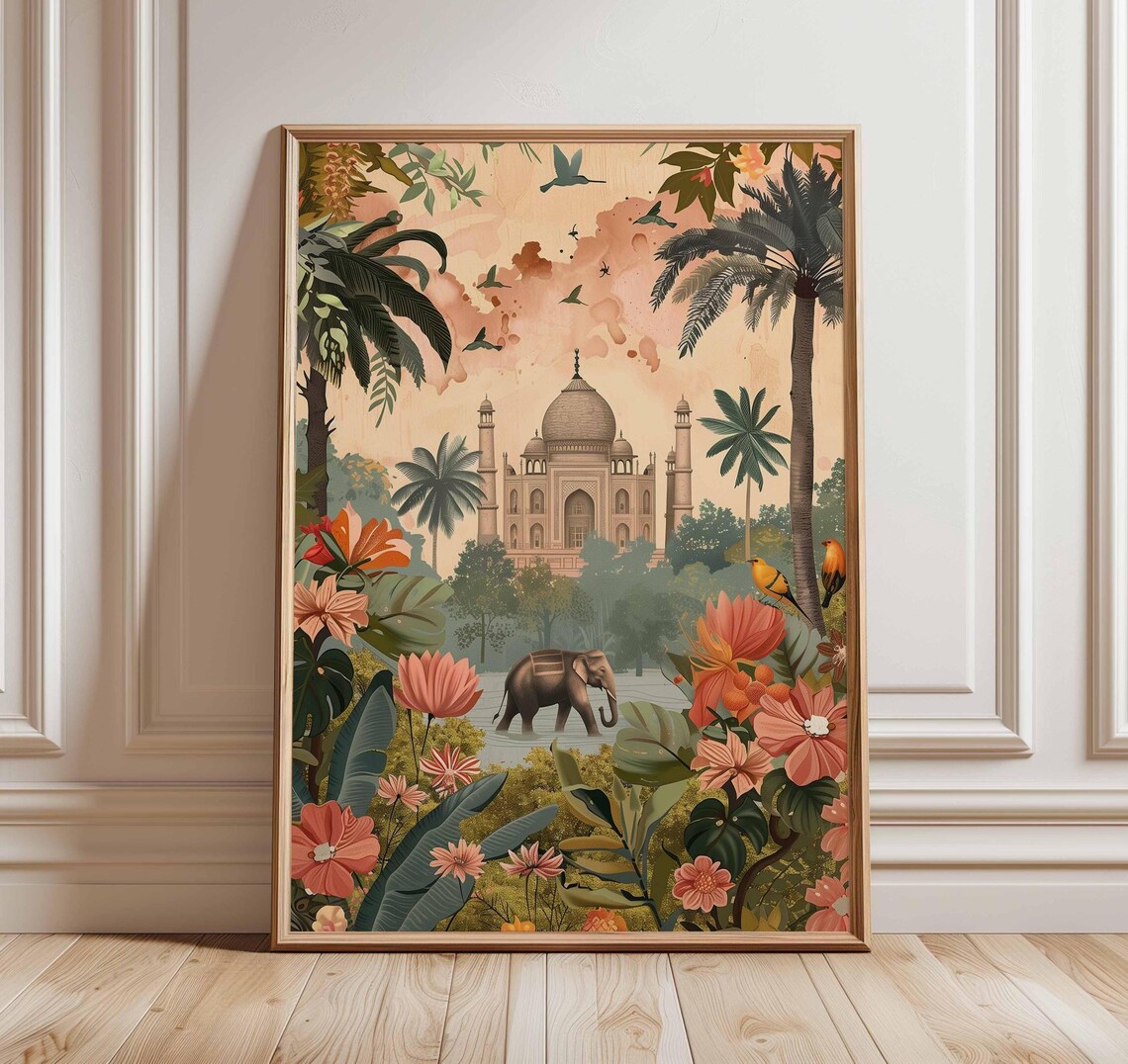 Taj Mahal Art Print, Boho Jungle Travel Poster