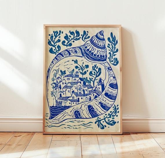 Blue Conch Shell Village Poster Coastal Folk Line Art Ocean Decor