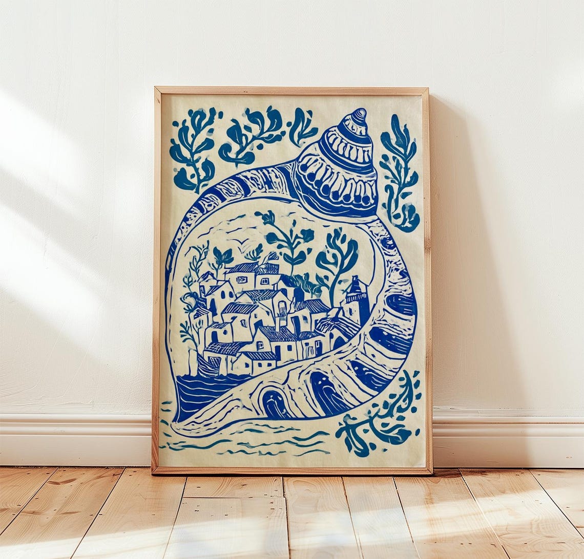 Blue Conch Shell Village Poster Coastal Folk Line Art Ocean Decor