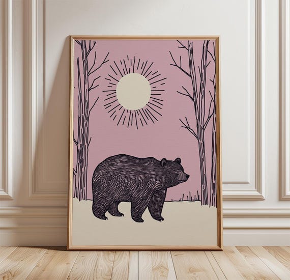 Minimal Bear Forest Poster Print Pink Woodland Wall Art Modern Animal Illustration Decor