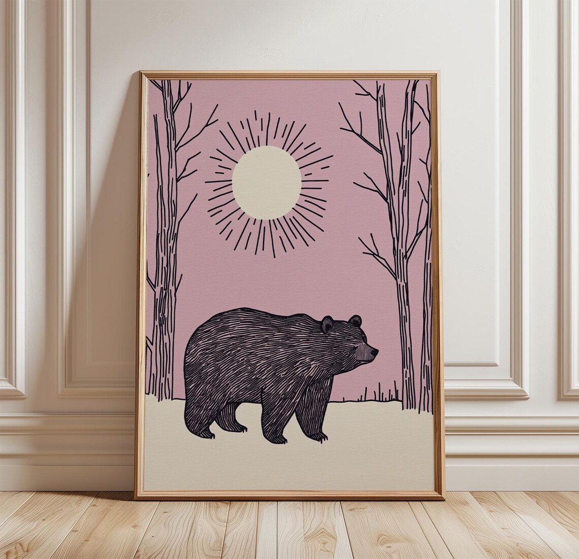 Folk Art Black Bear Rising Sun Pink Woodland Minimal Animal Poster