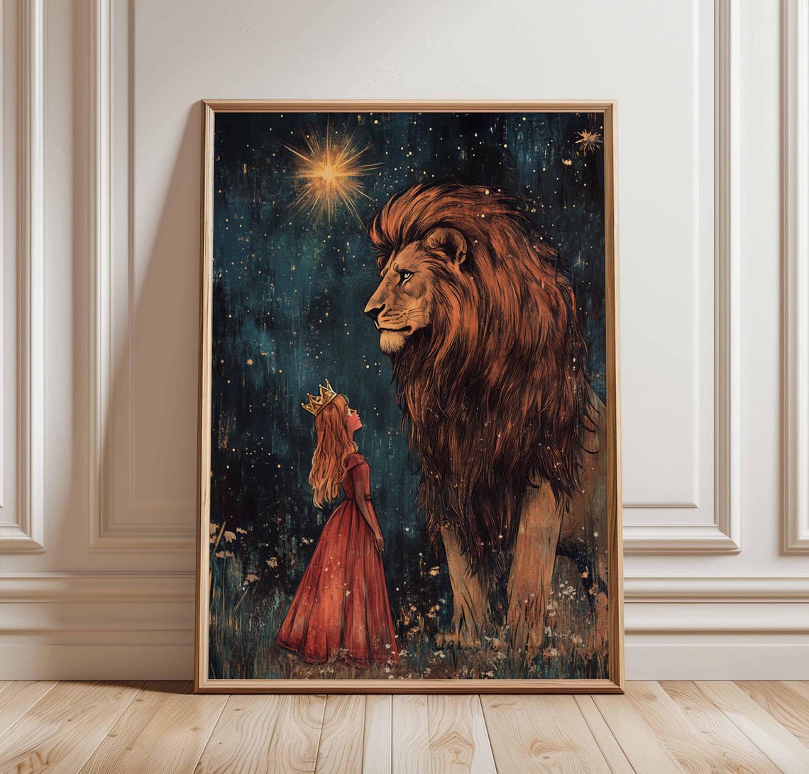 Little Crowned Princess And Giant Lion Starry Night Fairy Tale Poster