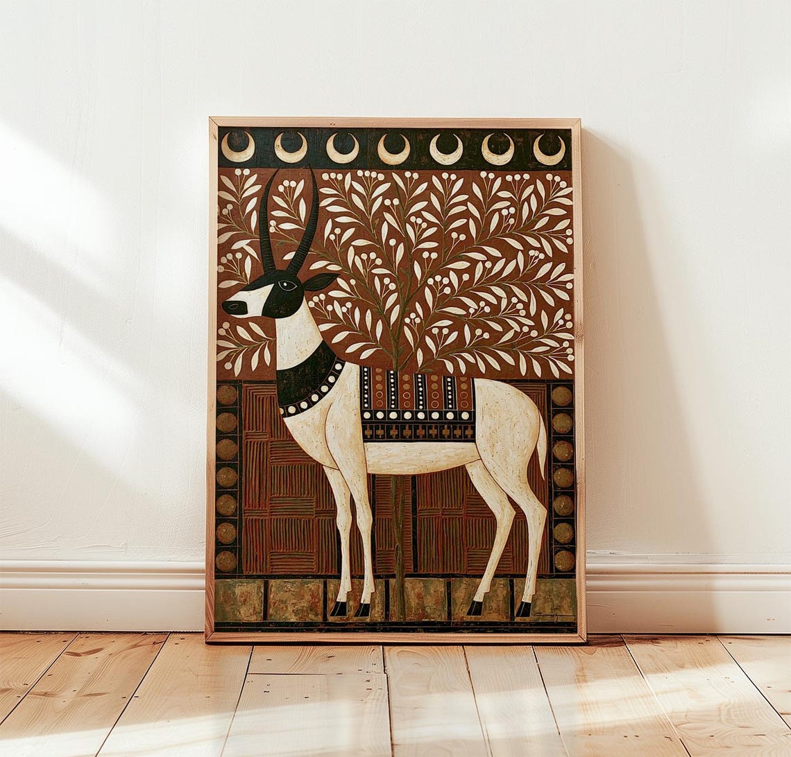 Moon Phase Folk Art Gazelle Brown Textured Wildlife Decor Poster