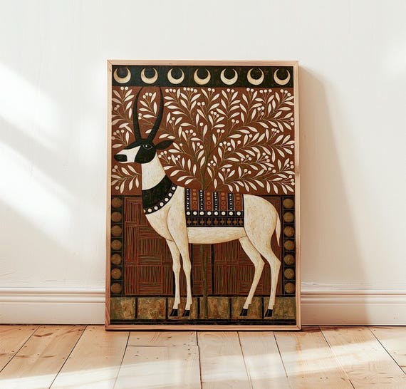 Folk Antelope Poster Rustic Wildlife Wall Art Vintage Nature Print