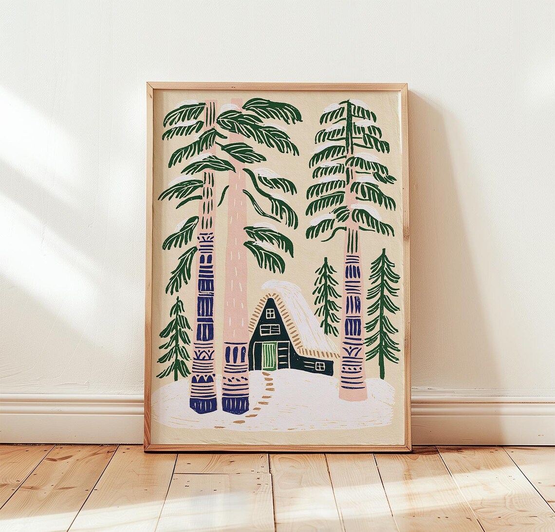 Cozy Japanese Winter Cabin Snowy Forest Folk Woodcut Art Poster